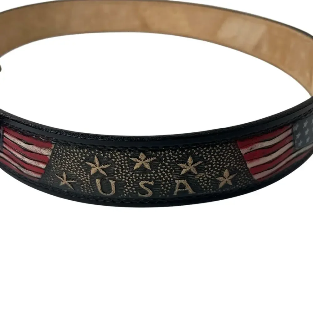 Western Express Mens Tooled Leather Belt 32 34 Stars Stripes USA Flag